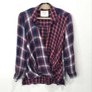 Abercrombie & Fitch Long Sleeve Plaid Crossover Open Front Shirt, Size Large